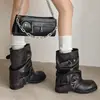 Bota vintage de estilo coreano desgastada para chica hot con caña plisada, bota de vaquero western con punta redonda, tacón grueso, hebilla de cinturón, bota de montar de caña corta