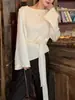 Camiseta Elegante Estilo Francês com Amarração na Cintura e Mangas Longas para Mulheres, Toque de Luxo, Amarração na Cintura, Textura Plissada Irregular, Blusa Versátil