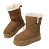 Botas de nieve altas de tubo largo con suela gruesa y efecto de altura, color gris, para mujer, nuevo modelo de invierno 2026, con forro de felpa y engrosadas, zapatos de algodón para nieve