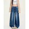Jeans com Bordado de Cimitarra Feminino Azul Novo Calça Wide-Leg Outono Bolsos Laterais Grandes Calça Solta Cintura Alta