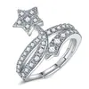 Anillo de lujo con forma de cometa de diamantes, moderno y ligero, con apertura superpuesta y circonitas de cinco puntas y una estrella brillante.