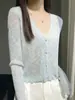 Cardigan de punto para mujer, color liso estilo francés, cuello en V, hebilla de madera, abrigo corto, adelgazante, para ir al trabajo, fino