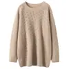 Suéter de punto de cachemira de manga larga con cuello redondo y diseño calado para mujer, suéter versátil de moda para primavera y otoño, camiseta básica simple y elegante
