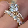 Huajie Conjunto de Três Peças de Anel Elegante Europeu e Americano Transfronteiriço Inlaid com Zircônia Anel de Diamante Elegante Anel Combinando para Festa de Casamento