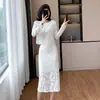 Outono 2026 Novo Elegante Top Francês de Renda Saia Modeladora que Abraça o Quadril Vestido de Duas Peças Preto Branco