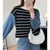 Suéter de Punto Patchwork Rayado de Mezclilla Versátil Estilo Coreano para Mujer, Estilo Otoño e Invierno, Suéter Casual Holgado de Nicho Petite