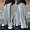 Pantalones deportivos holgados de pierna ancha para niños con paneles de rayas, pantalones casuales para niños mayores, pants de primavera/verano, pantalones largos modernos y geniales para otoño