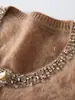 Cardigan elegante, resistente, escovado, bordado à mão, de cor sólida, com mangas compridas, novo estilo outono/inverno, suéter de malha 100% caxemira, blusa feminina de gola redonda