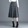 Saia midi de lã xadrez em linha A feminina outono e inverno cintura alta justa modeladora cobre os quadris comprimento médio barra larga plissada saia guarda-chuva bom caimento
