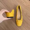 Palmilha de 5CM Sapatos Baixos Amarelo Francês Primavera Verão Sapatos Femininos Bico Redondo Par com Saias Sapatilhas