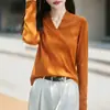 Suéter de Punto de Manga Larga para Mujer 2026 Otoño Nuevo Estilo Coreano Holgado Cuello en V Color Sólido Top con Elementos de Diseño