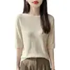 Top de punto de manga tres cuartos, listo para usar, top de manga corta para mujer, venta al por mayor de verano, transfronterizo, cuello redondo, sin costuras, nuevo medio manga para mujer