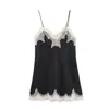 Atacado Transfronteiriço de Roupas de Moda Europeias e Americanas, Tops com Cor Contrastante Renda Textura de Cetim de Seda, Camisolas Sexy com Renda em Contraste nas Costas
