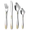 Faca, garfo e colher para bife em aço inoxidável 410 com cabo floral, conjunto de talheres de alta qualidade para restaurante, parcialmente banhado a ouro e titânio, 4 peças