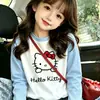 Camiseta de colores bloqueados para niña, dobladillo curvo, algodón puro, manga larga, elegante y versátil, adecuada para primavera y otoño, top de dibujos animados para niños mayores