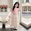 Nuevo Moda de Verano Estilo Coreano Manga Corta Único Delgado Top Dulce Floral Falda Larga Conjunto de Dos Piezas para Niñas