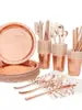Vajilla desechable, platos de papel dorados, vasos, popotes, platos para pastel de oro rosa engrosados, suministros para fiesta de cumpleaños