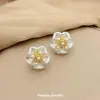 Brincos Elegantes de Flor de Pérola Tridimensional Estilo Coreano, Brincos de Moda Doces com Renda Vazada