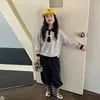 Conjunto de sudadera a rayas elegante y pantalones casuales para niñas, conjunto de dos piezas moderno estilo universitario de otoño para niños mayores