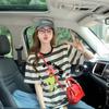 Divertida Camiseta Graffiti de Media Manga a Rayas para Mujer Verano Nueva Estilo Coreano Bloque de Color Cuello Redondo Holgada Moderna Versátil