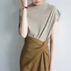 JOJOZ Textura Niebla Mostaza Diseño Cruzado Cintura Alta Abertura Lateral Rodilla Falda Elegante de Moda Ropa Interior para Mujer