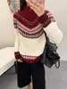 Suéter de Punto para Mujer 2025 con Cuello Alto Medio, Manga Larga, Cierre de Cremallera, Diseño de Patrón en Color Contrastante, Suave y Acogedor, Nuevo Estilo Otoño/Invierno