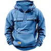 Estación Independiente Transfronteriza Nueva Sudadera con Capucha de Color Sólido para Hombre Chaqueta Sudadera Deportiva Juvenil Europea y Americana con Múltiples Bolsillos de Cuero