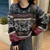 Suéter Tejido Jacquard de Bloques de Color Fair Isle Retro Cuello Redondo Lana Cachemira Seda Otoño Invierno Perezoso Versátil
