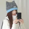 Gorro de Punto con Orejas de Gato y Bloques de Color Dulce y Lindo para Mujer Otoño Invierno Cálido Adelgazante Facial Sombrero de Lana Turbante Sombrero para Clima Frío