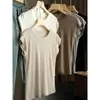 Chaleco de Fibra de Lyocell para Mujer Mangas Cortas Volantes Tejido de Hombro Ancho Camiseta de Punto Cuello Redondo Top Versátil Ropa de Verano para Mujer