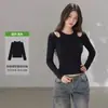Camiseta Feminina de Manga Longa Oca de Ombro Duplo Estilo Doce Cool Picante Camada Base Diária Sutilmente Sexy Afinando Cintura Modeladora Top Valorizador