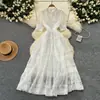 Vestido Estilo Corte Retrô Francês Feminino Cintura Apertada Emagrecedor Elegante Manga Bufante Costura de Renda Saia Ampla