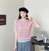 Verão 2025 Novo Estilo Coreano Recortado Jacquard Feminino Camiseta Feminina Design Commuter Tricô Manga Curta Top