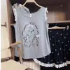 2026 Moda da Internet Nova Roupa de Dormir para Irmã Gordinha Feminina Verão Fina Estampa Fofa de Gato Conjunto de Duas Peças