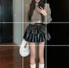 Falda Abullonada para Mujer Otoño Cintura Alta Adelgazante Falda Pastel Petite Combinable Falda de Cuero PU 5081 Falda Pastel de Cuero