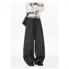 Pantalones Casuales de Retazos con Doble Cintura Estilo Retro Americano Cuadriculados para Hombres y Mujeres Pierna Ancha Holgada de Longitud al Suelo con Cordón Largos