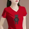 Comércio Exterior Transfronteiriço Último Estoque Grande Marca Etiqueta Cortada Manga Curta Camiseta Feminina Verão Solta Casual Petite Decote V Meia Manga