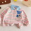 2026 Nova Roupa Listrada para Bebê Algodão Listrado Desenho Animado Camisa POLO Manga Longa Infantil Camada Base Tendência Confortável