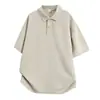 Polo de Manga Curta Waffle Novo Estilo de Verão para Homens, Gola com Lapela e Meio Zíper Estilo Americano, Manga Raglan Color Block, Camiseta Soltinha para Estudantes