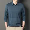 Camiseta de manga larga de primavera para hombre con cuello, ropa para hombres de mediana edad y mayores, top con bolsillo real, polo a rayas