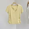Camiseta Feminina de Algodão Curta Manga Curta Gola V Justa Cintura Franzida Elástica para Verão Roupa de Trabalho Ombro Direito Curta Justa Camiseta Básica Justa
