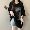 Camiseta Brillante de Manga Corta con Cuentas Pesadas Talla Plus Estilo Nuevo Verano 2025 Holgada Adelgazante Encaje Jacquard Top de Moda