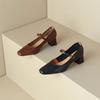 [En Stock] Zapatos Negros de Tacón Alto de Piel de Cabra Suave Estilo Retro Francés Tacón Grueso Correa Única Zapatos Mary Jane para Mujer