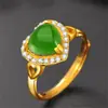 Anillo Yihua Calado con Forma de Corazón Verde de Jade, Anillo Chapado en Oro con Incrustación de Corazón de Jade Hetian y Circonita, Adecuado para Regalo