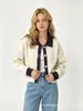 Nuevo cárdigan corto de punto para mujer, estilo otoño e invierno, corte holgado, con colores contrastantes y cuello de solapa, prenda exterior de moda estilo universitario