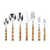 Talheres de Aço Inoxidável com Cabo de Bambu Rústico com Inserção Rústica, Faca, Garfo e Colher para Comida Ocidental