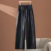 Pantalones de Cuero Anchos de Retazos para Mujer, Nuevo Estilo Otoño 2026, Vintage Old Money, Caídos, Versátiles, Adelgazantes, Pantalones Casuales de Piel de Oveja