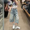 Shorts jeans estilo retrô americano com estampa de estrelas desgastada para mulheres, calça cropped solta de verão plus size