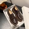 Zapatos de Piel Pequeños Básicos Versátiles de Piel de Cabra Agarrada a Mano 2024 Primavera Punta Redonda Suela Gruesa Tacón Medio Grueso Completamente de Piel Genuina Planos con Cordones para Mujer