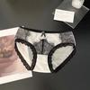 Calzones de Malla de Cintura Baja con Encaje de Pestañas Sexy Puro Negro Calado Francés Diseño Nuevo 2025 para Mujer